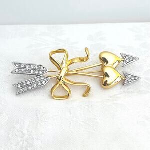 Vtg JOAN RIVERS Cupid Arrows Heart Bow Brooch Crystal Rhinestone Gold Silver